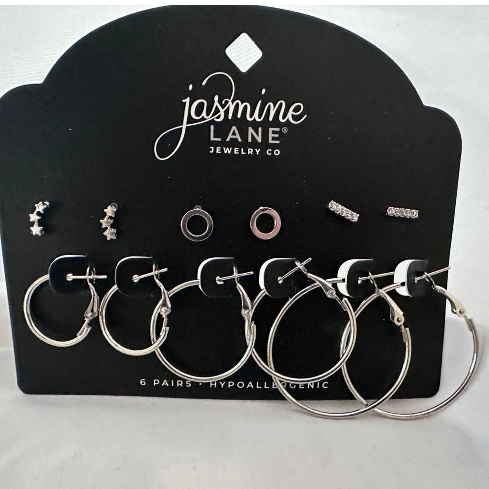 Jasmine Lane Silver‎ Earrings Set 6 Pairs Hoops Studs Hypoallergenic NEW